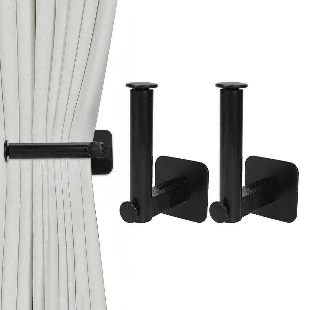 Adorila 2 Pcs Plastic Curtain Holdbacks for Wall Self-Adhesive Curtain Hooks Organize and Decorate L Shape Retractable Curtain Tiebacks Window Treatment (Black)